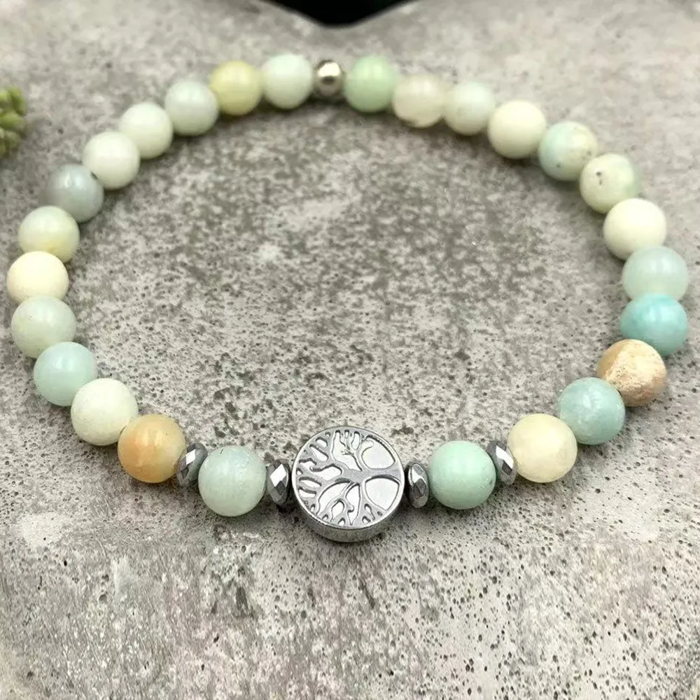 MG2094 6 mm Amazonite Hematite pärlor Tree of Life Charm Armband Handgjorda Energi Protection Wrist Mala