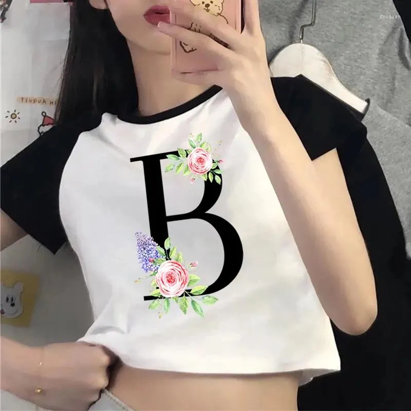 Women's T Shirts Women Shirt Crop Top Graphic Watercolor Floral Alphabet Girl Fashion Tee Short Sleeves Creative Letters Lady