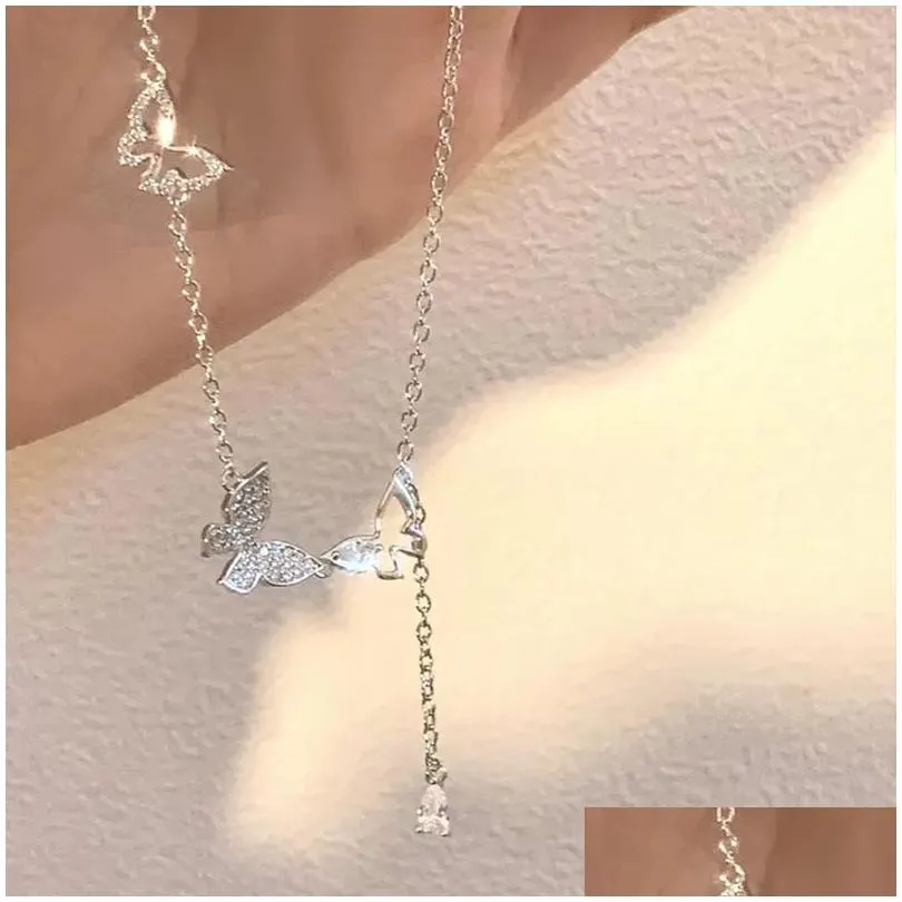 925 sterling silver hollowed out diamond butterfly tassel necklace for womens personalized collarbone chain wedding jewelry