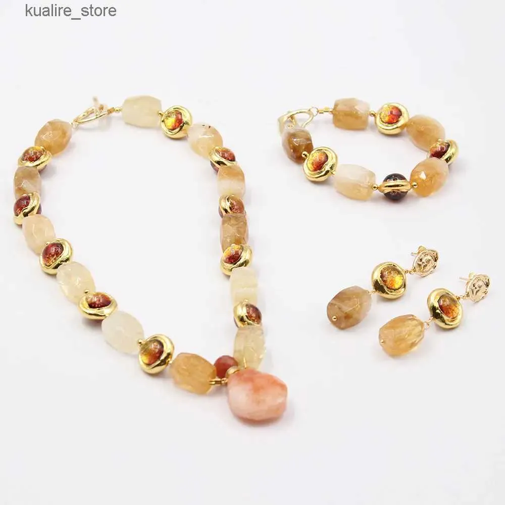 Charme Pulseiras GG Jóias Natural Amarelo Citrino Âmbar Cor Musgo Colar De Vidro Lepidocrocite Quartzs Pingente Brincos Conjuntos Para Mulheres L240322