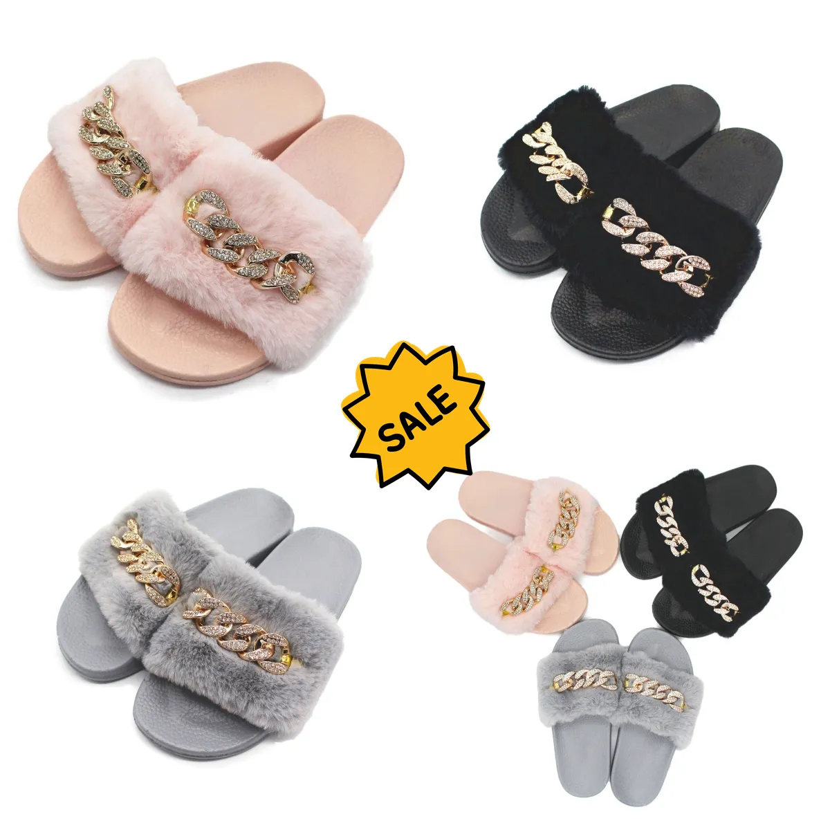 Neu in Stock Herbst- und Winterkette Flash Diamond Flauschige Hausschuhe Innen- und Außenflausch flach warme Flip-Flops 36-41