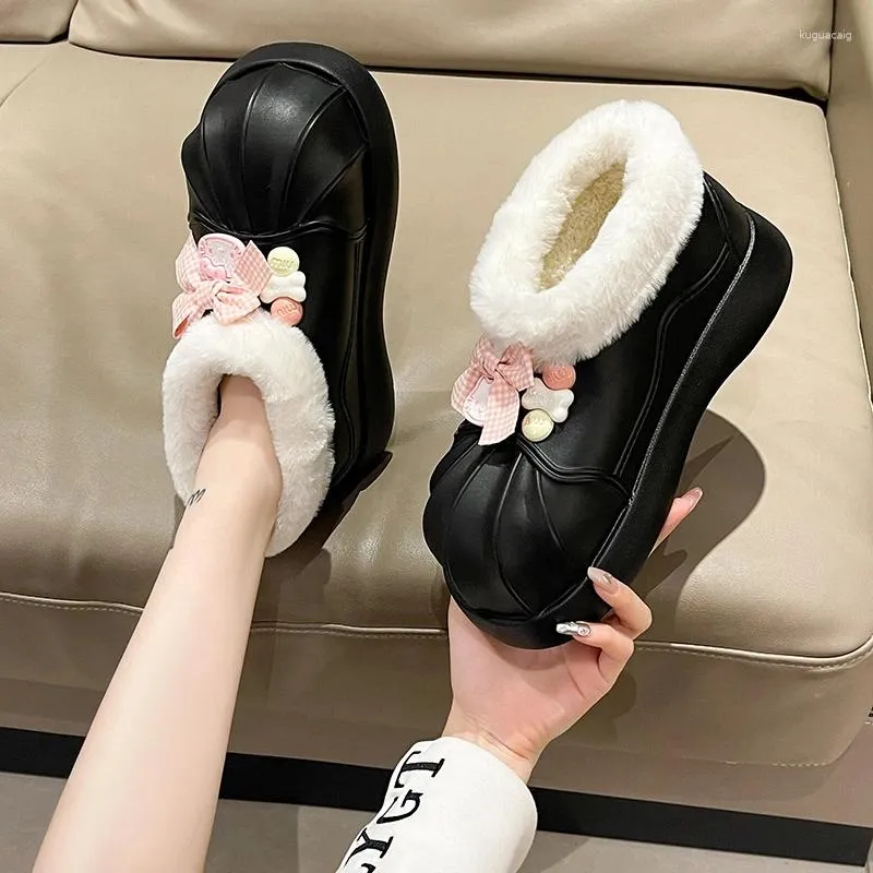 Stövlar Snö kvinnors skor Eva Kawaii Shell Toe Söt båge varm plysch päls ankel slip-on platt avslappnad storlek 36-41