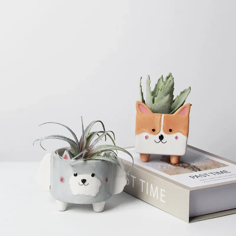 Plantadores de cerâmica bonito corgi dos desenhos animados animal suculento vaso de flores plantio varanda decoração mini jardim decoração interior vaso planta