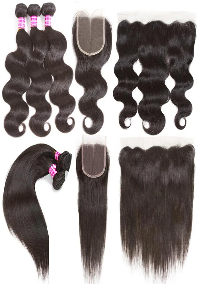 Brazilian Virgin Human Hair Bundle Lace Closure Body Wave Hair Weave Bundles and 4x4 or 13x4 Frontal Closure Remy Hair Extensions 2280522