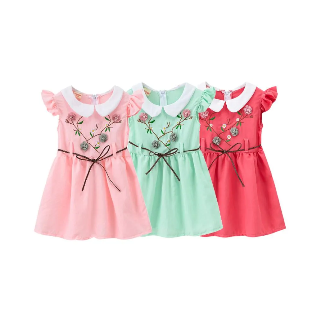 Robe d'été pour petites filles, broderie de fleurs, robes de princesse pour enfants avec ceinture, mignonnes, 3 couleurs, nouvelle collection 20207148836