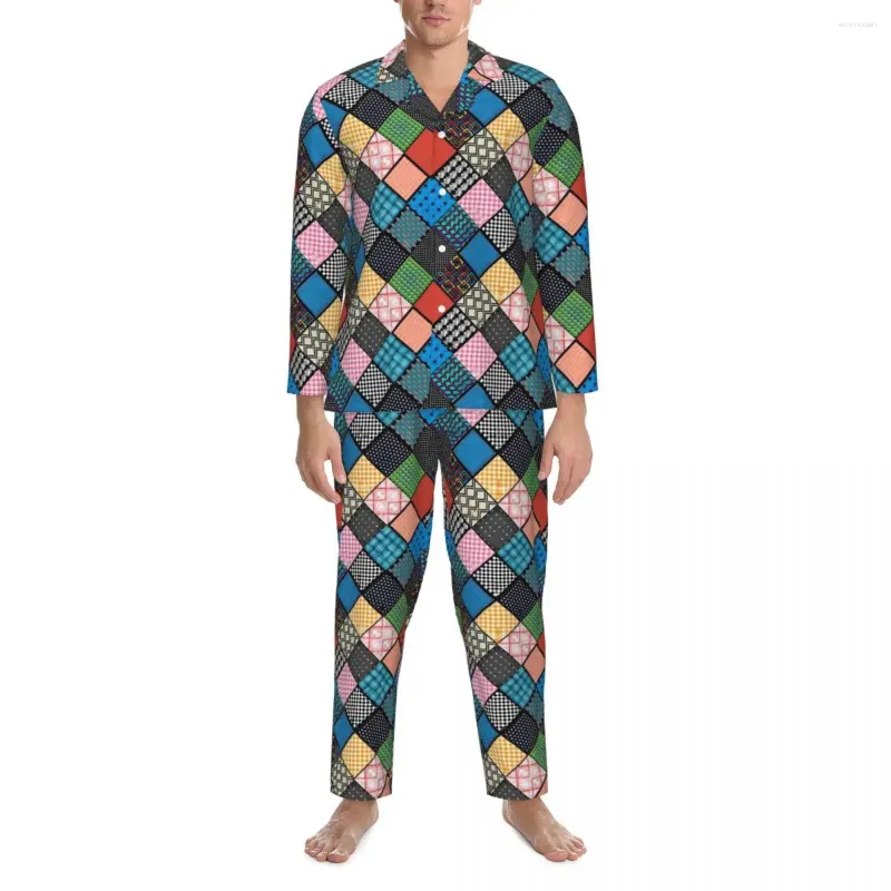 Pijamas masculinos retalhos impressão conjuntos de pijama retro quadrado bonito macio masculino manga longa casual diário 2 peça roupa de noite plus size 2xl
