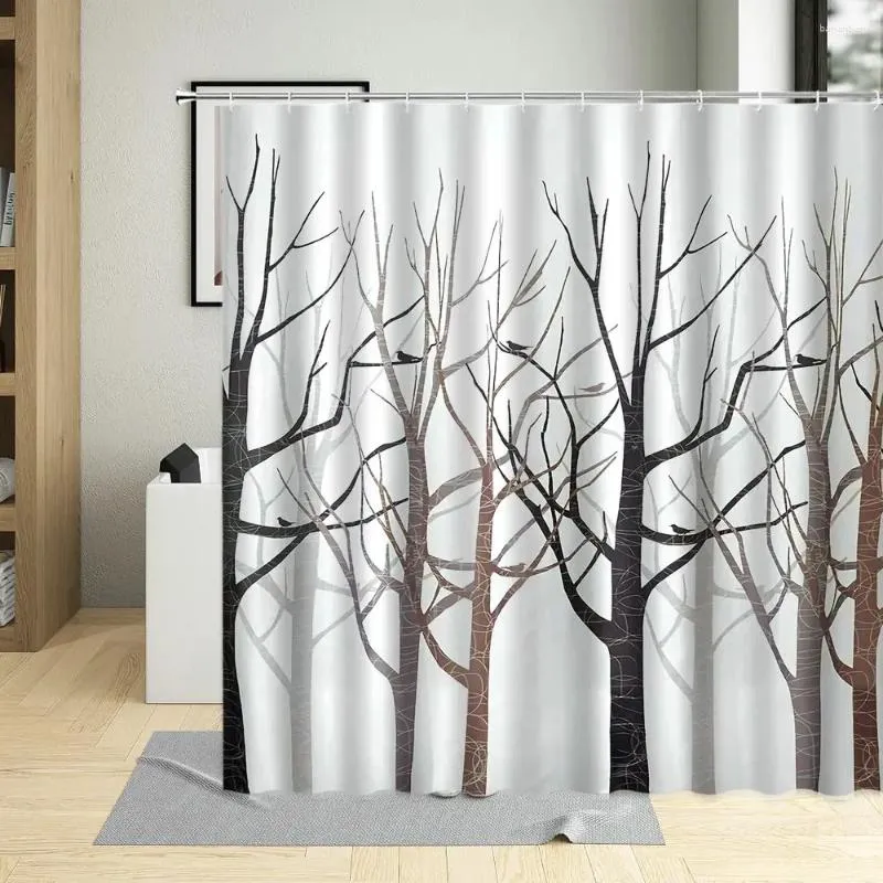 Rideaux de douche Simple Noir Blanc Forêt Bouleaux Arbre Branche Rideau Tronc Texture Art Design Dessiné À La Main Écrans De Salle De Bain Décor