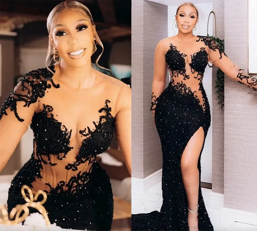 Plus la taille arabe Aso Ebi noir sirène scintillant robes de bal dentelle perlée sexy soirée formelle fête deuxième réception anniversaire robes de fiançailles robe