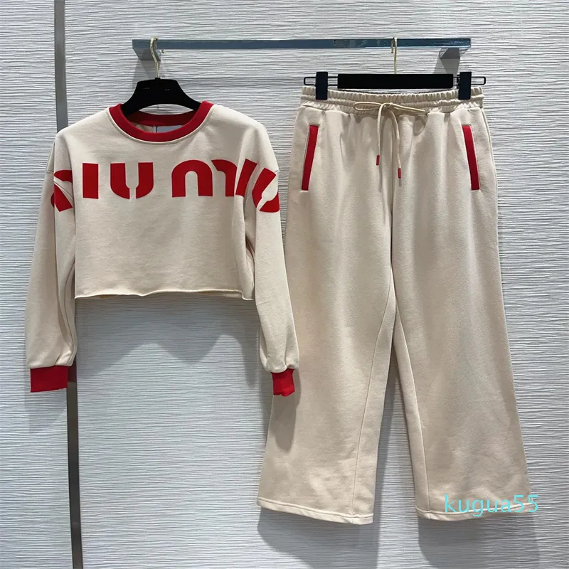 Luxury New Two Piece Pants Autumn Fashion Women O-neck Long Sleeve Letter Pattern Tops And High Waist Wide Leg Pants 2 Pieces Sets