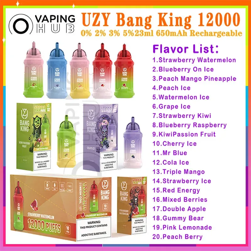 100% d'origine UZY Bang King 12000 Puff cigarettes électroniques jetables 23 ml cartouche de dosettes pré-remplies 650 mAh batterie rechargeable Puffs 12K Vape Pen