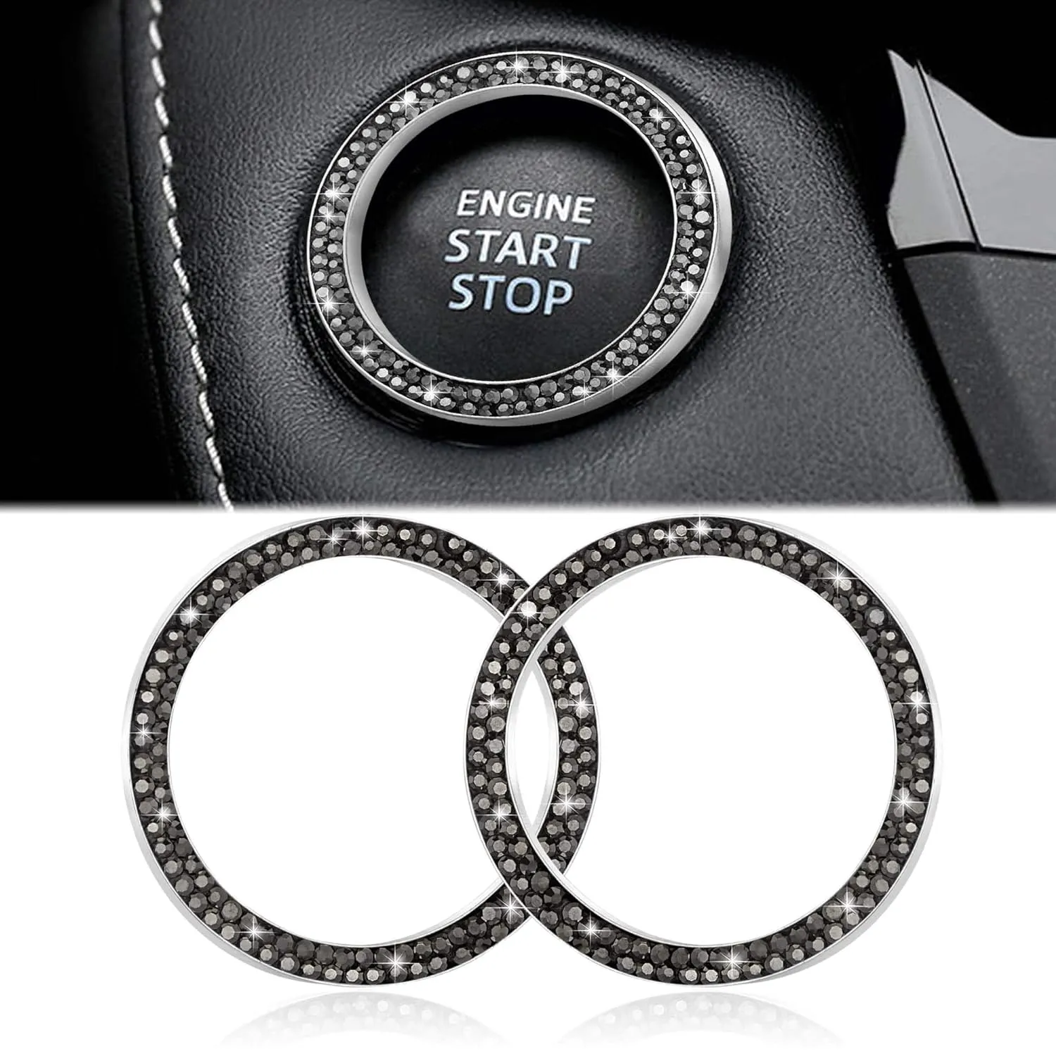 Bilmotorstartstopptillbehör Rhinestone Ring Sticker Diamond Rings för BMW Bencar Interior Decoration 2 st/set