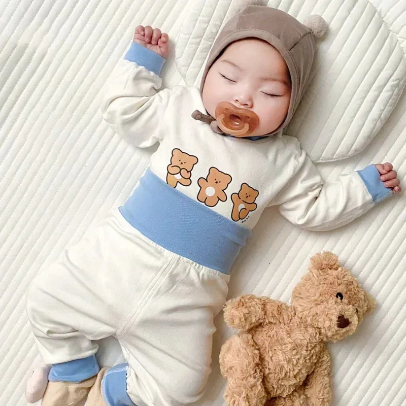 Född barnflicka underkläder kläder set ren bomull baby pojke långa ärmar outfit söta småbarn spädbarn kläder två bitar sömnkläder 240322