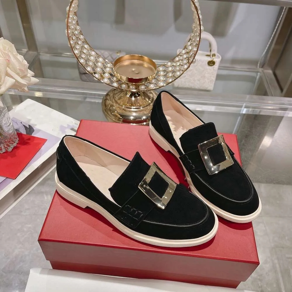 2024 New British Style Women's Single Shoe with Square Buckle, Round Toe, Flat Bottom, Fashionable and Versatile, One Legged Loafers