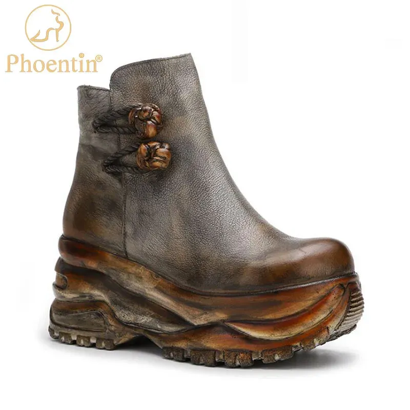 Boots Phoentin Retro Centre de coin plate-forme de talon Botkle pour femme faite à la main de chaussures en cuir authentiques dames hautes talons courts bottines ft1317