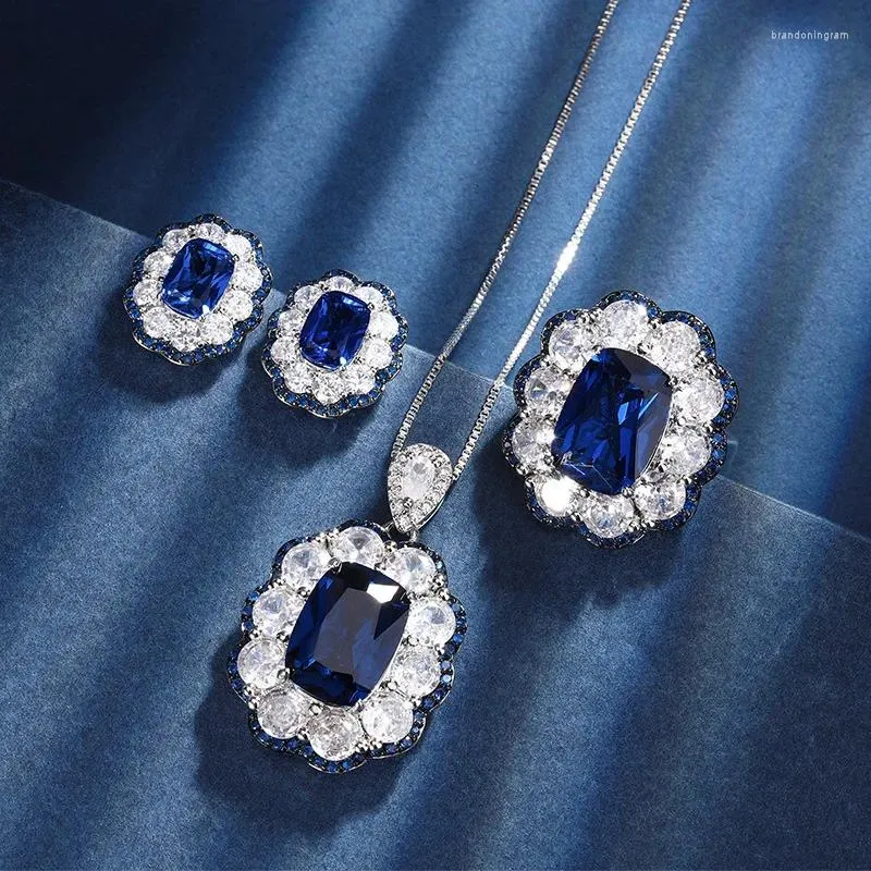 Ketting Oorbellen Set Prachtige Zirkoon Sieraden Blauwe Saffier Edelsteen Hanger Stud Verstelbare Ring Bruiloft Vrouwen