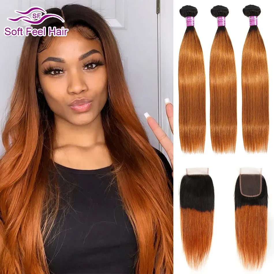 Wigs Ombre Brown Brazilian Straight Hair Weave Bundles With Closure Ombre Remy Human Hair 1/3 PCS Bundles With Closure Soft Feel Hair