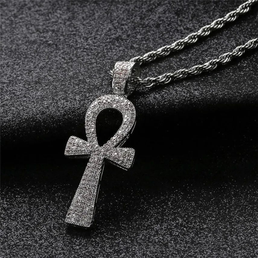 Iced Out Egyptian Ankh Key Pendant Necklace With Chain 2 Colors Fashion Mens Halsband Hip Hop Jewelry 201013229C