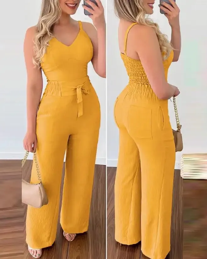 Mulher de verão macacões longos elegante sexy com decote em v shirred cami topo calças de cintura alta definir moda casual 240314