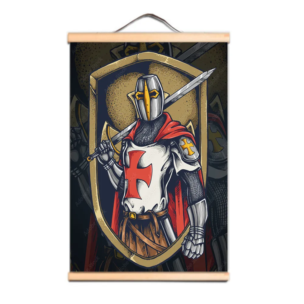 Impression sur toile vintage - Illustration murale de guerrier croisé médiéval - Bannière à suspendre - Voici une superbe peinture parchemin d'un chevalier templier AB10