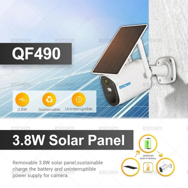 ESCAM QF490 1080P Armazenamento em nuvem 4G Cartão Sim Bateria PIR Câmera IP de alarme com painel solar em cores, visão noturna e áudio bidirecional