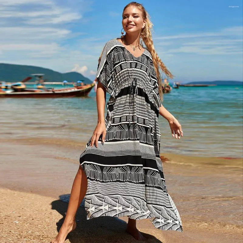 Copricostume da spiaggia Abito completo con maniche a pipistrello Costume da bagno bikini Stampa in rayon Maxi caftano con coulisse