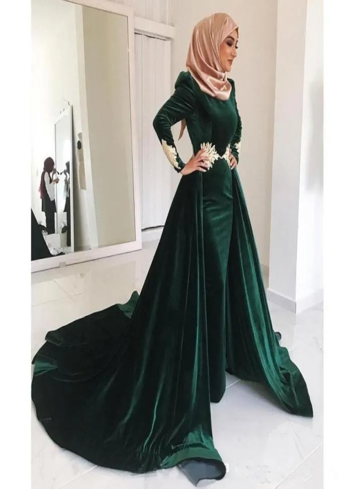 Robes de soirée musulmanes 2019 sirène manches longues velours dentelle islamique dubaï saoudien arabe longue robe de soirée robe de bal 9934558