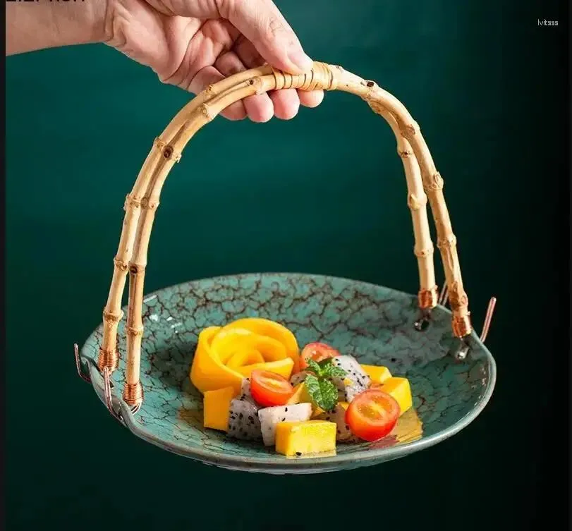 Tallrikar keramisk platta bambu hantera middag restaurang bordsartiklar dekorativ fruktfack sallad skål sushi rätter efterrätt