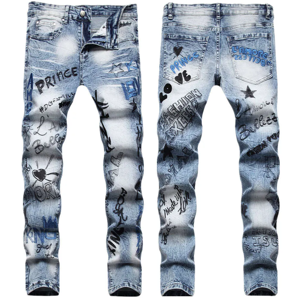 Pantaloni lunghi da uomo in denim a tubo dritto piccolo elastico slim fit ricamato anteriore e posteriore stile hip-hop alla moda per l'industria pesante