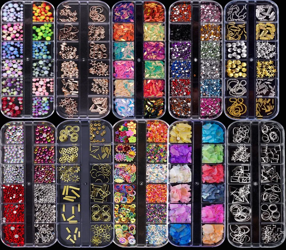 5 Caseet Çeşitli 3D Tırnak Sanatı Rhinestones İnciler Metal Perçin Sequins Gems Diy Craft Mücevher Dekorasyonu7577831