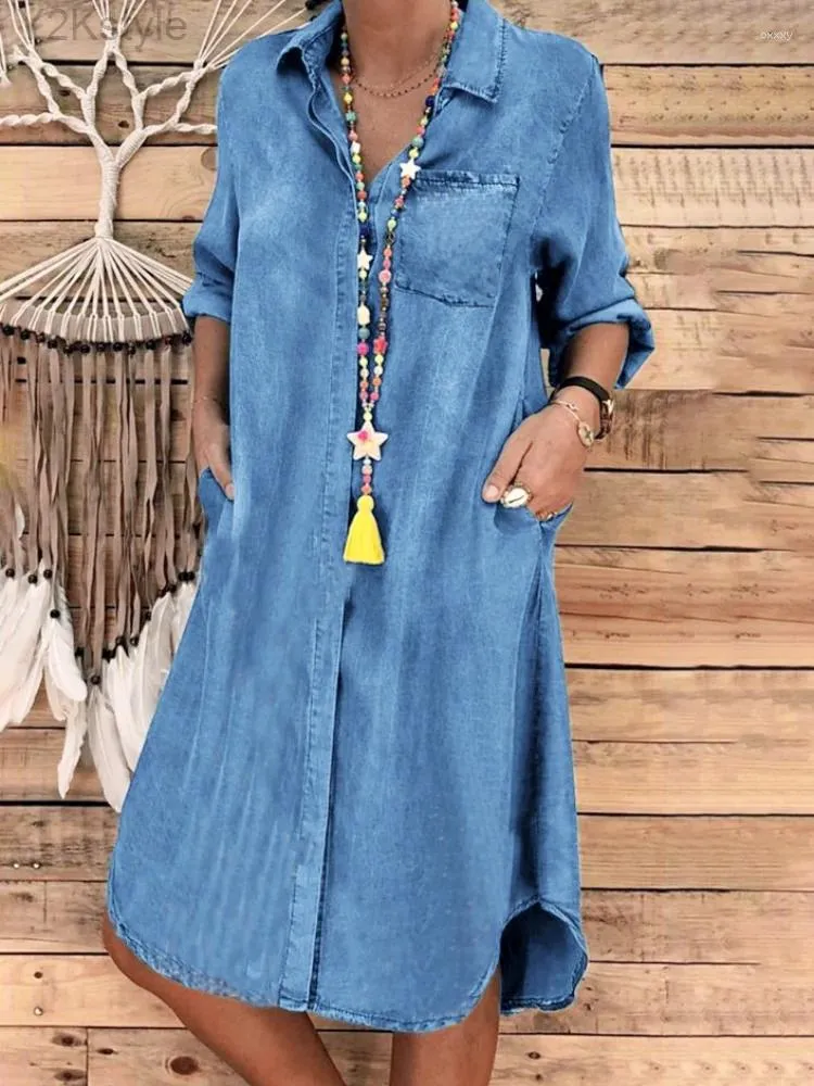 Casual Kleider Kleid Für Frauen 2024 Frühling Sommer Blau Vintage Langarm Feste Weibliche Mode Kleidung GERADE Drehen-unten kragen