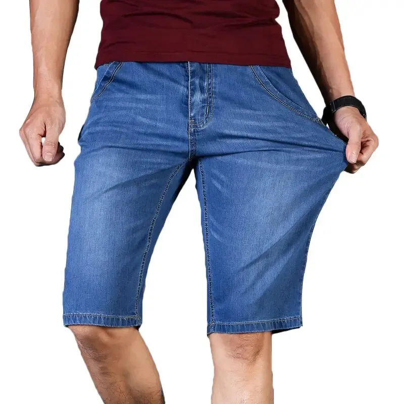 Plus storlek 42 44 Summer Men Business Denim Shorts Fashion Casual Stretch Slim Blue Thin Short Jeans MANA Märke kläder 240322