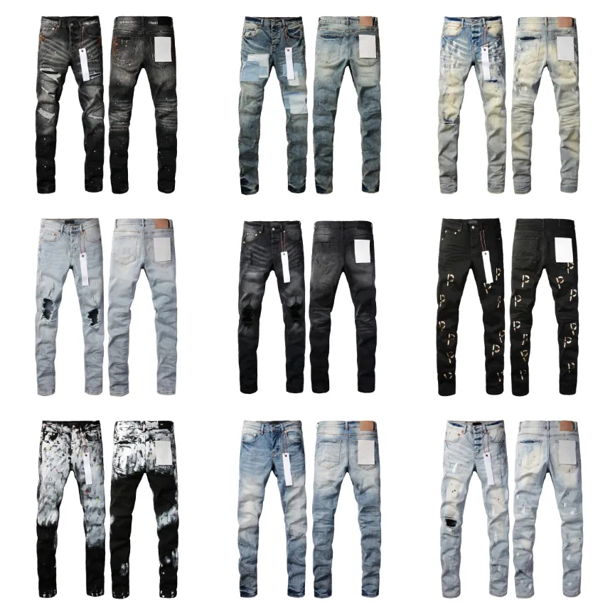 Män jeans lila lösa höga midja jean rippade high street retro färg spot lapp hål denim streetwear silm fötter mikro elastiska byxor