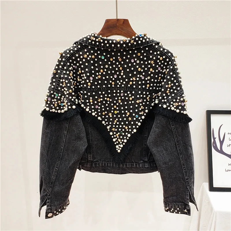 Autumn Fashion Heavy Work Beading Wash Denim Jacket Women Loose Short Denim Coats Studded Black Blue Jeans Jacket Streetwear240321