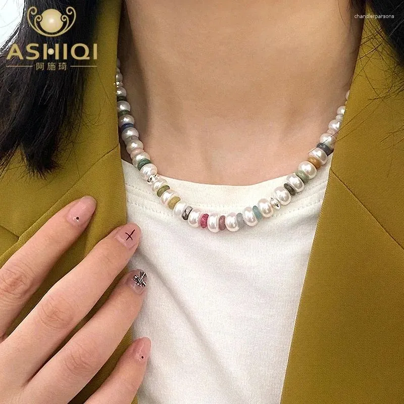 Kedjor Ashiqi 925 Sterling Silver Natural Freshwater Pearl Necklace Multi Color Stone Chain Fashion Jewelry for Women Gift
