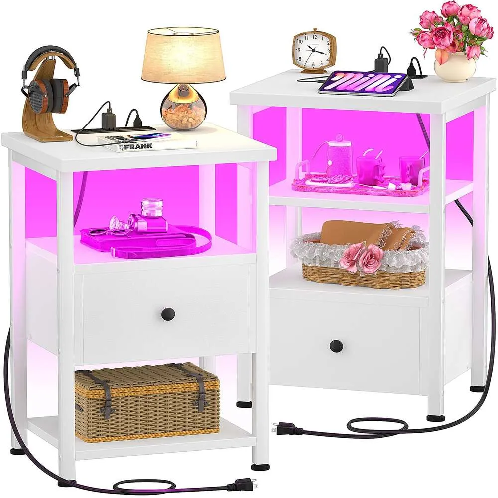 Best 2-piece Set LED Lights, 3-layer Charging Station, Adjustable Wooden Drawers, Bedside Table with USB Port, Suitable for Living Room, Bedroom, White