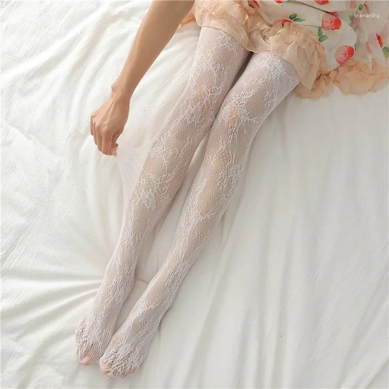 Женские носки, ажурные чулки HANAFUJI (тонкие), белые кружевные цветы, галстук-бабочка, луна, сексуальные черные шелковые колготки