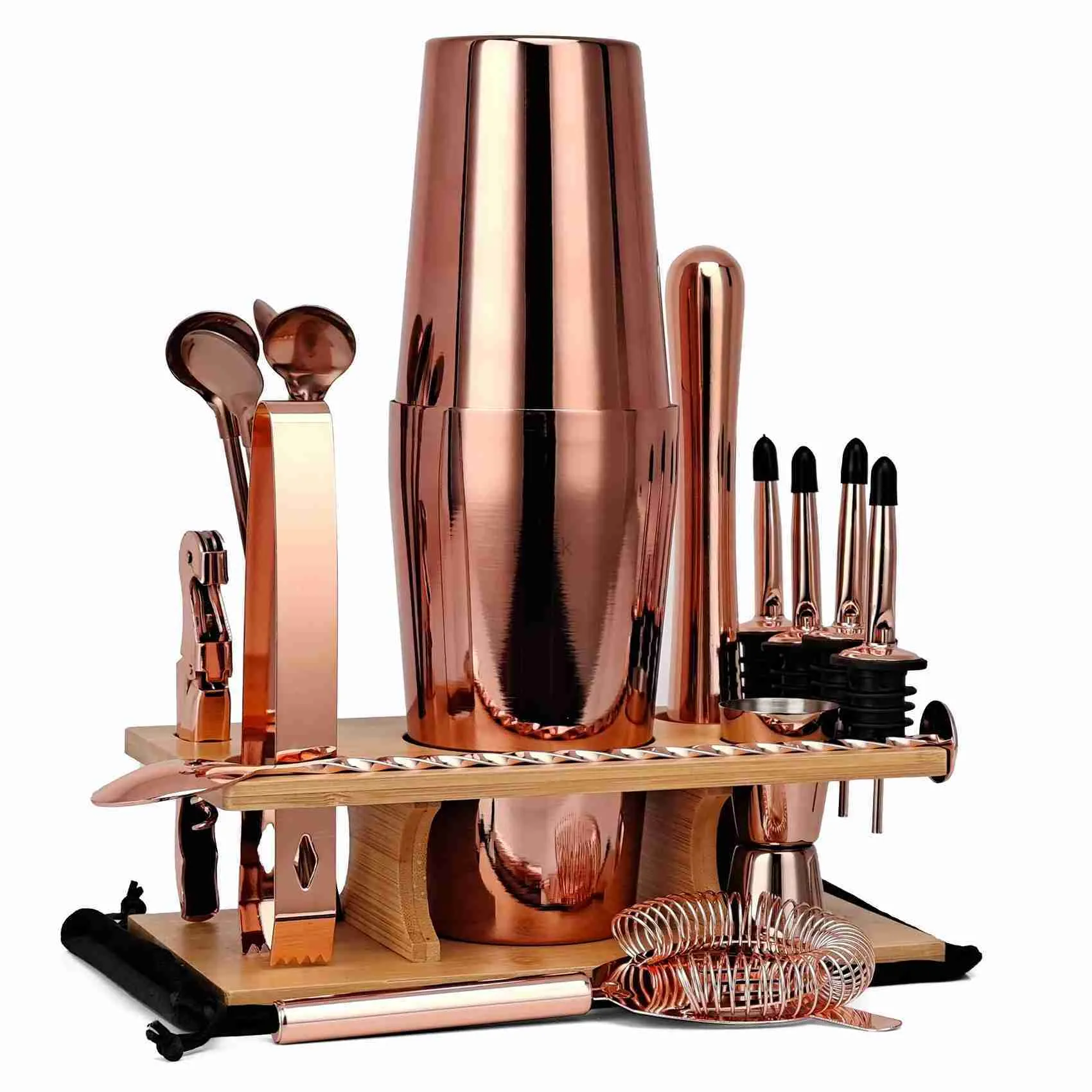 Kit de barman Kit de barman Ensemble de shaker à cocktail en or rose de 17 pièces avec support en bambou pour boissons mélangées Martini Outils de bar à domicile Cadeau parfait 240322