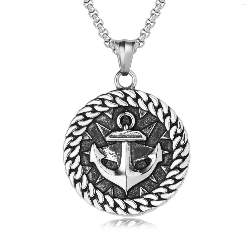 Pendant Necklaces European And American Personalized Vintage Navy Wind Ship Anchor Cuban Chain Round Hanging Tag Stainless Steel Necklace