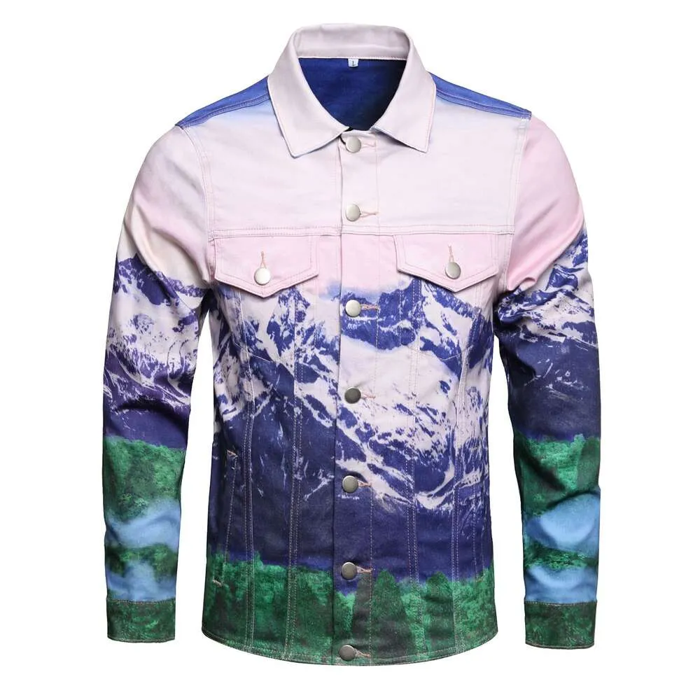 Nouvelle tenue de couple pour hommes et femmes, Spray numérique élastique, début du printemps, peinture de paysage de montagne de neige, veste en jean à revers décontractée