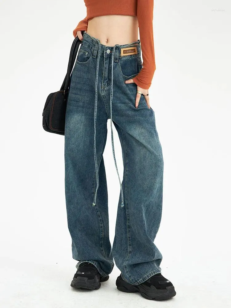 Kvinnors jeans hög midja blått för kvinnor streetwear snörning knapp full längd rak hösten casual mode mopping byxor