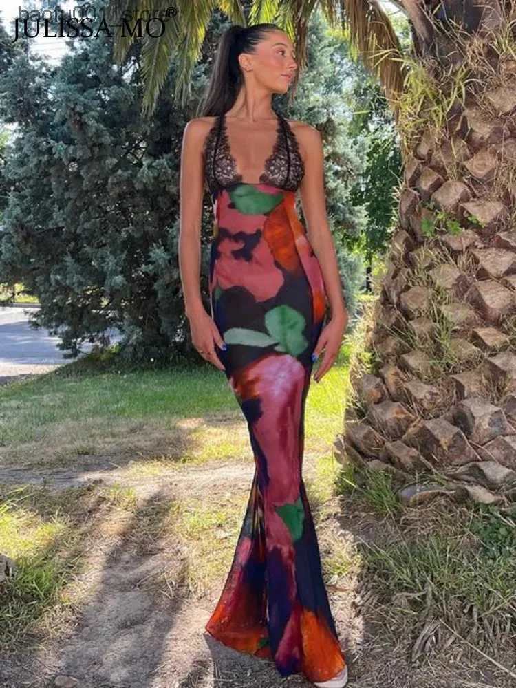 Robes décontractées de base Julissa MO 2023 Été Cravate élégante teinte fleur en mousseline de soie voir à travers la robe maxi sexy femmes dos nu dentelle corps plage robe de soirée Q240322