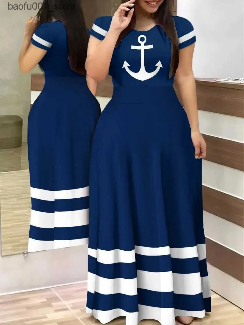 Basic Casual Dresses Elegant Commuter Digital Printed Long Dress 2023 Summer New Europe and USA Basic Fashion Short Sleeve Casual A-Line Dress Q240322