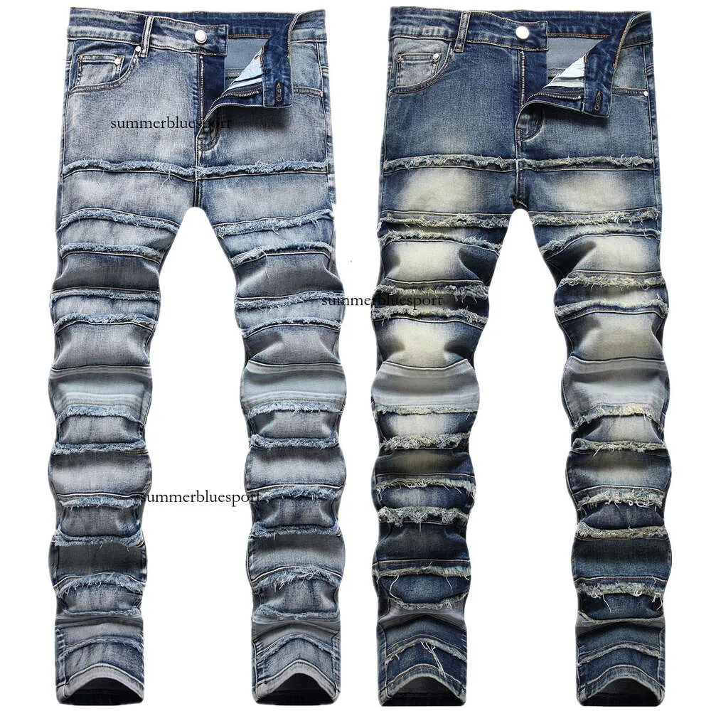 Trendiga mäns High Street -nödställda kulslösa jeans med små fötter, sten och rull, smal fit broderade byxor