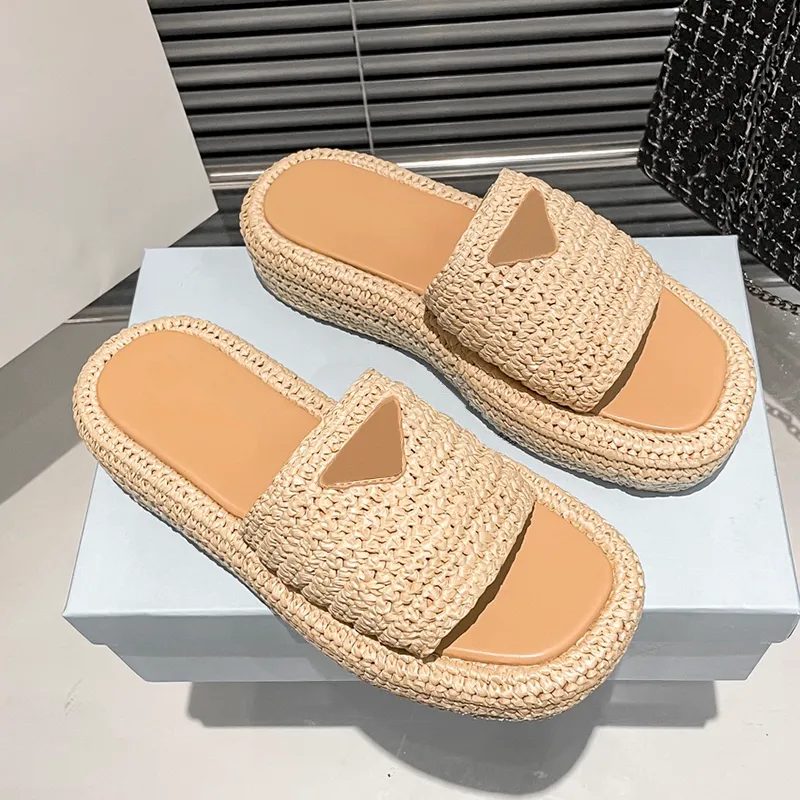 Designer Slippers women crochet Platform Slides sandals Buckle sliders slipper natural black womens Shoes straw weave slide luxury Summer Beach Sandal