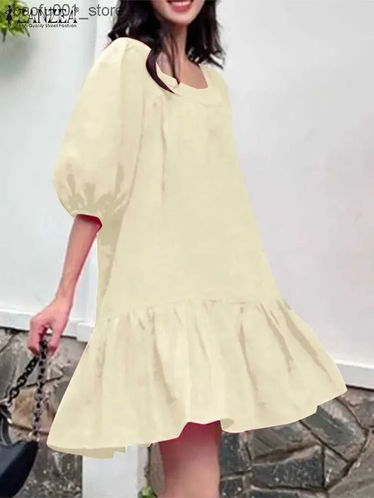 Basic Casual Dresses ZANZEA Casual Loose Fold Solid Dress Womens Fluffy Half Sleeve Dress Fashion Square Neckline Sundress 2024 Summer Holiday Mini Robe Q240322