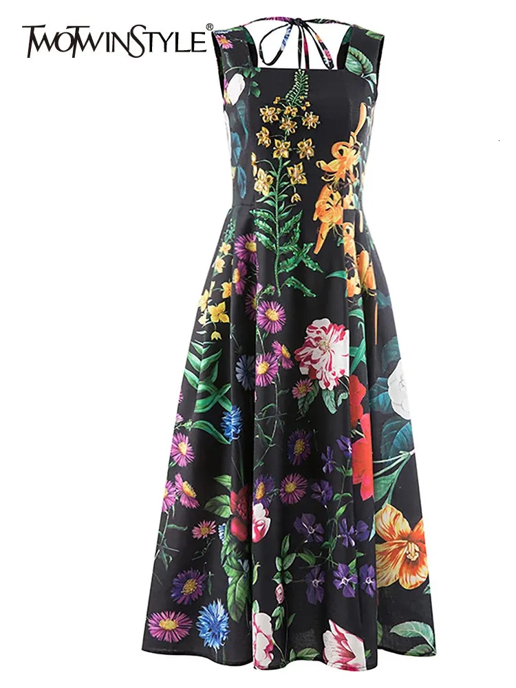 TWOTYLE Zomer Losse Jurk Voor Vrouwen Vierkante Kraag Mouwloze Hoge Taille Print Colorblock Midi Jurken Vrouwelijke Kleding 240315