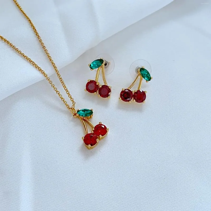 Necklace Earrings Set European And American Jewelry Sweet Red Cherry Shaped Inlay Elegant