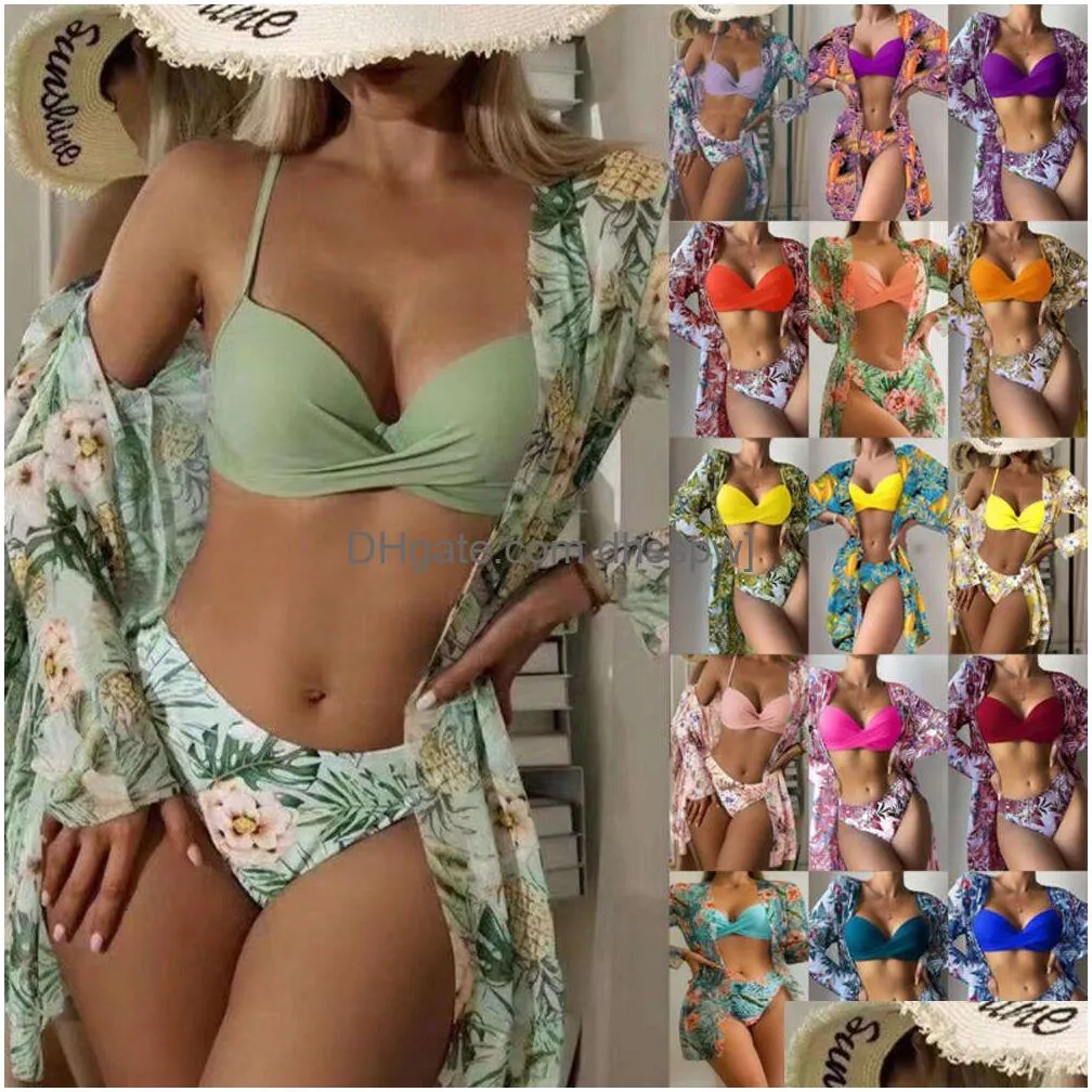 Kvinnors badkläder 2024 Point Three Piece Overer Long Sleeve Split Bikini Swimming Drop Delivery Apparel Womens Clothing DHBPR