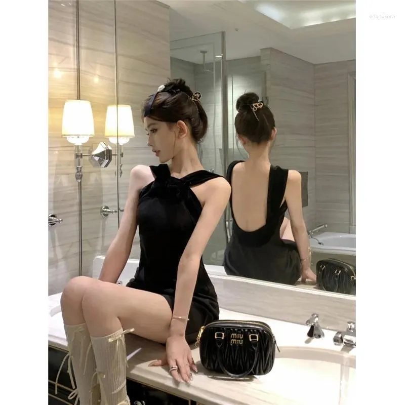 Casual Dresses Sweet Girl Retro Sexy Halter Neck Wrap Hip Dress Women's Autumn/Winter Bow U-shaped Open Back Black Female Clothes