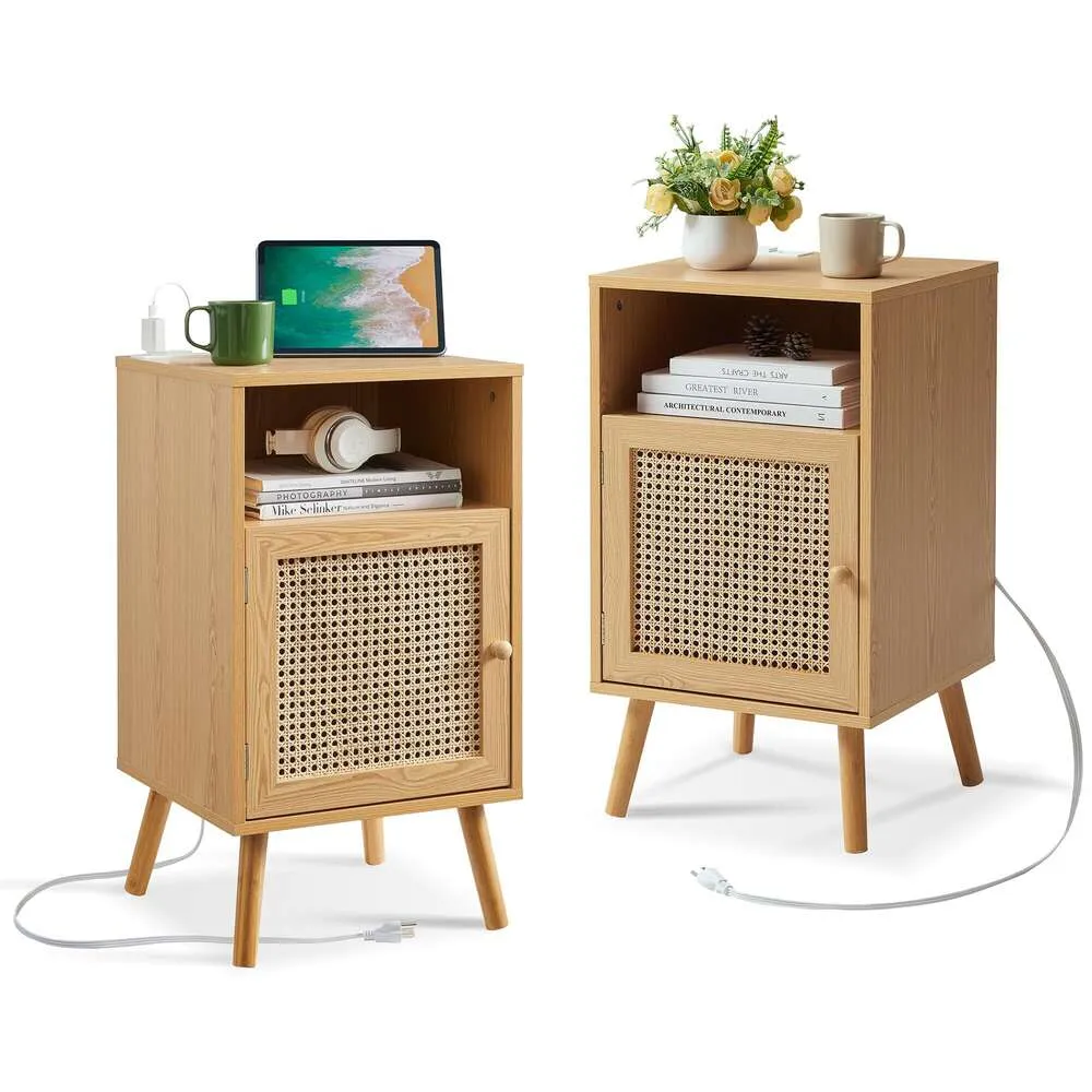 GTO 2-piece Set, Bedside Charging Station, Bohemian Coffee Table with Handmade Rattan Decorative Door Pine Legs, Suitable for Bedrooms and Living Rooms